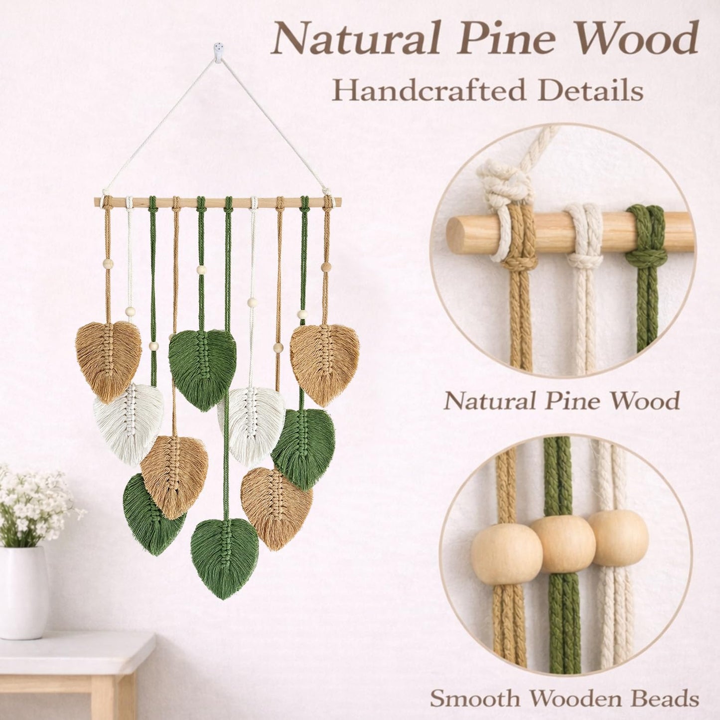 TUDRUKU 15.7x36 Inch Macrame Wall Hanging Nursery Decor Leaves Woven Tapestry Feather Handmade Yarn Tassels Boho Wall Decor for Bedroom Living Room Apartment Home Backdrop (Green)