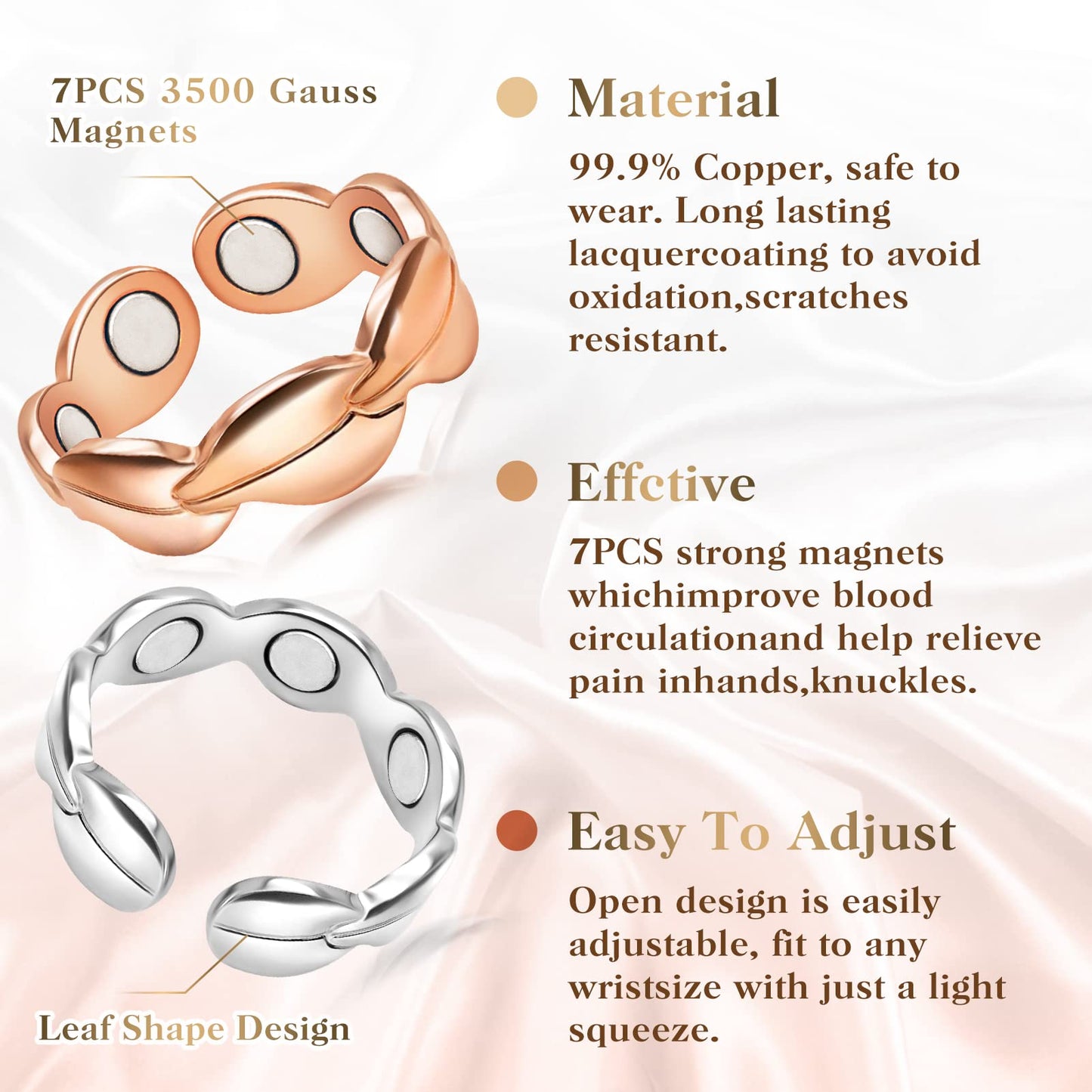 Mahnco Copper Rings for Women Magnetic Rings Finger Thumbs 3500 Gauss Strong Magnets -100% Solid Pure Copper Ring with Jewelry Gift Box (2PCS)