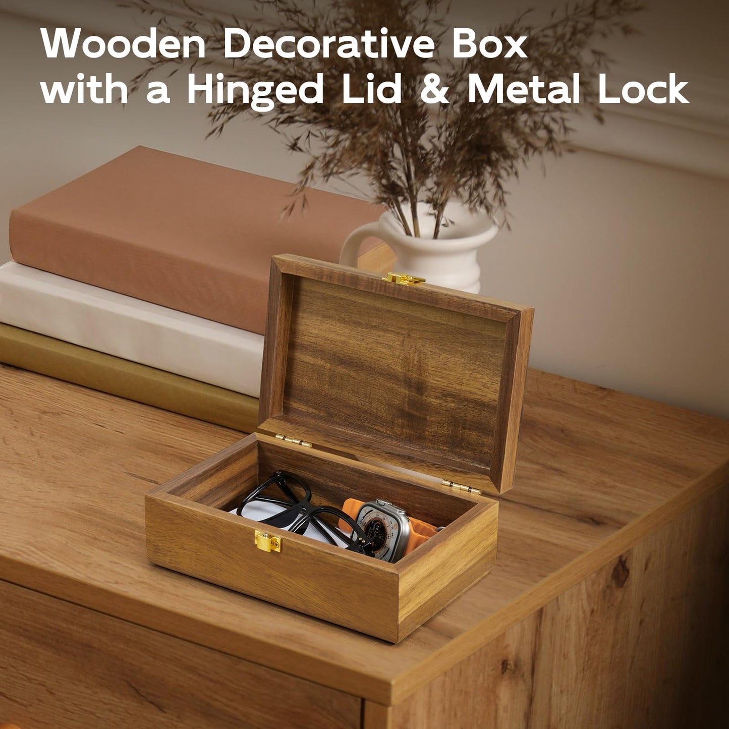 BWODYAY Acacia Wood Decorative Box with Lid, Small Jewelry Box, Memories Box, Keepsake Boxes with Lids, Wooden Gift Box