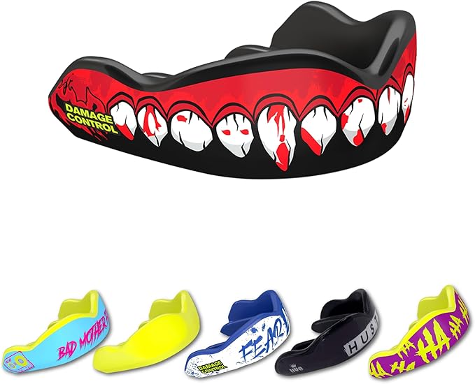 DAMAGE CONTROL High-Impact Mouth Guard – Sports Mouthguard for Boxing, Football, Hockey, Lacrosse & Basketball, Protects Teeth & Jaw, Protective Mouthpiece for Adults & Youth (Adult, Bleeding Fangs)