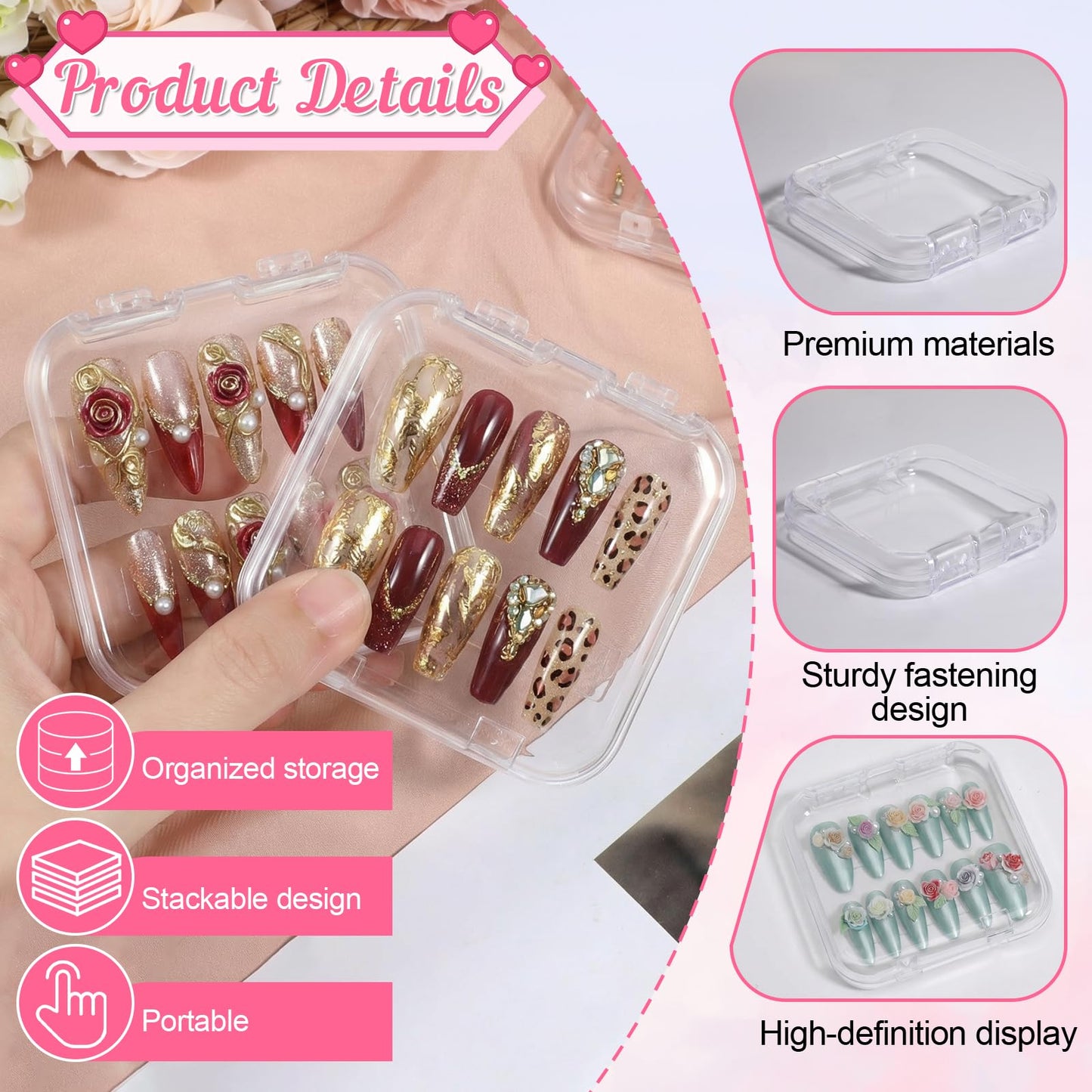 48 Pcs Press On Nail Packaging Box, Press On Nail Storage Box with 180 Pcs Adhesive Double Sided Tape, Acrylic Artificial Nails Display Case for Nails Salon