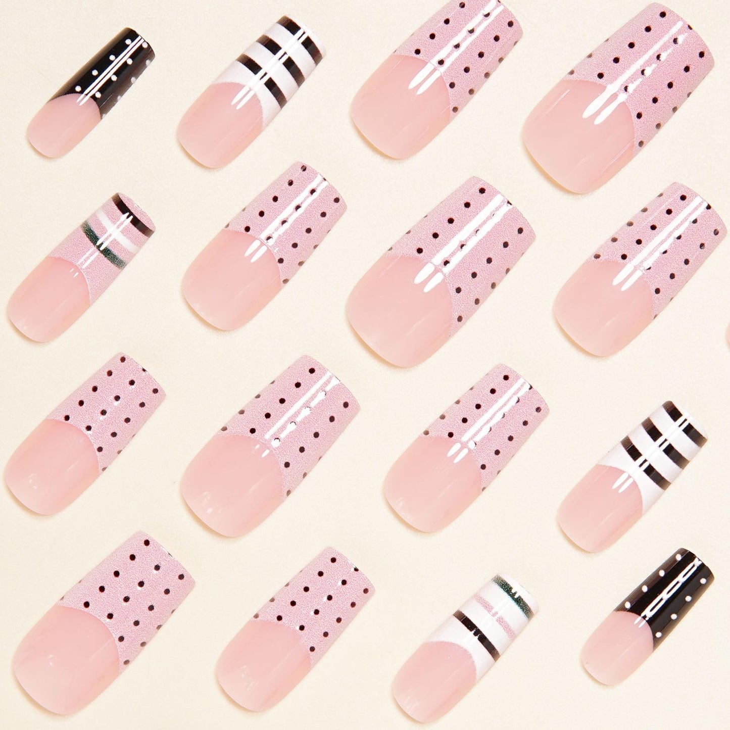 Medium Press on Nails Polka Dot Square Fake Nails with Pink & White French Tip Full Cover Stick on Nails Glossy Stripe Reusable Acrylic False Nails Glue on Nails for Women 24Pcs