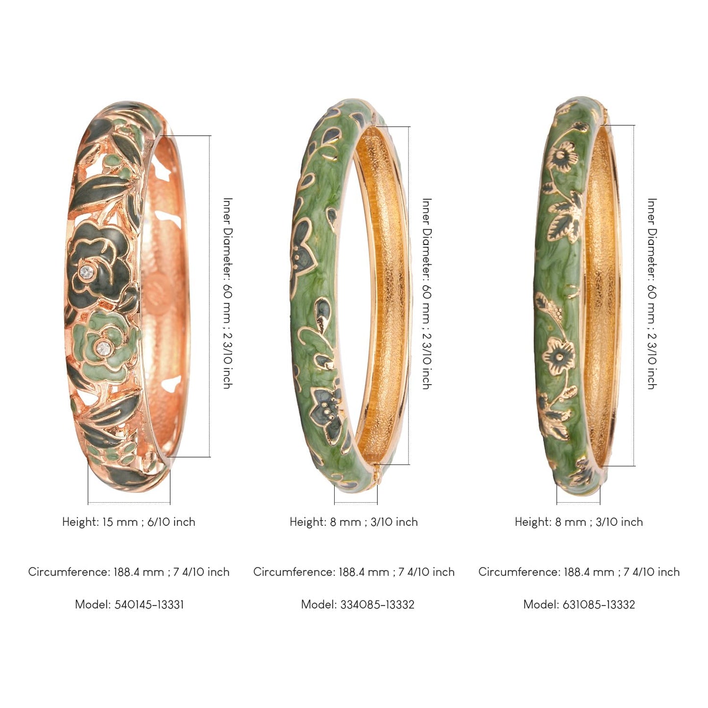 UJOY Women Cloisonne Bracelet Multi-Colors Plated Rhinestone Flower Hollowed Enameled Hinged Cuff Bangles Jewelry Gift 88A10 3pcs Green