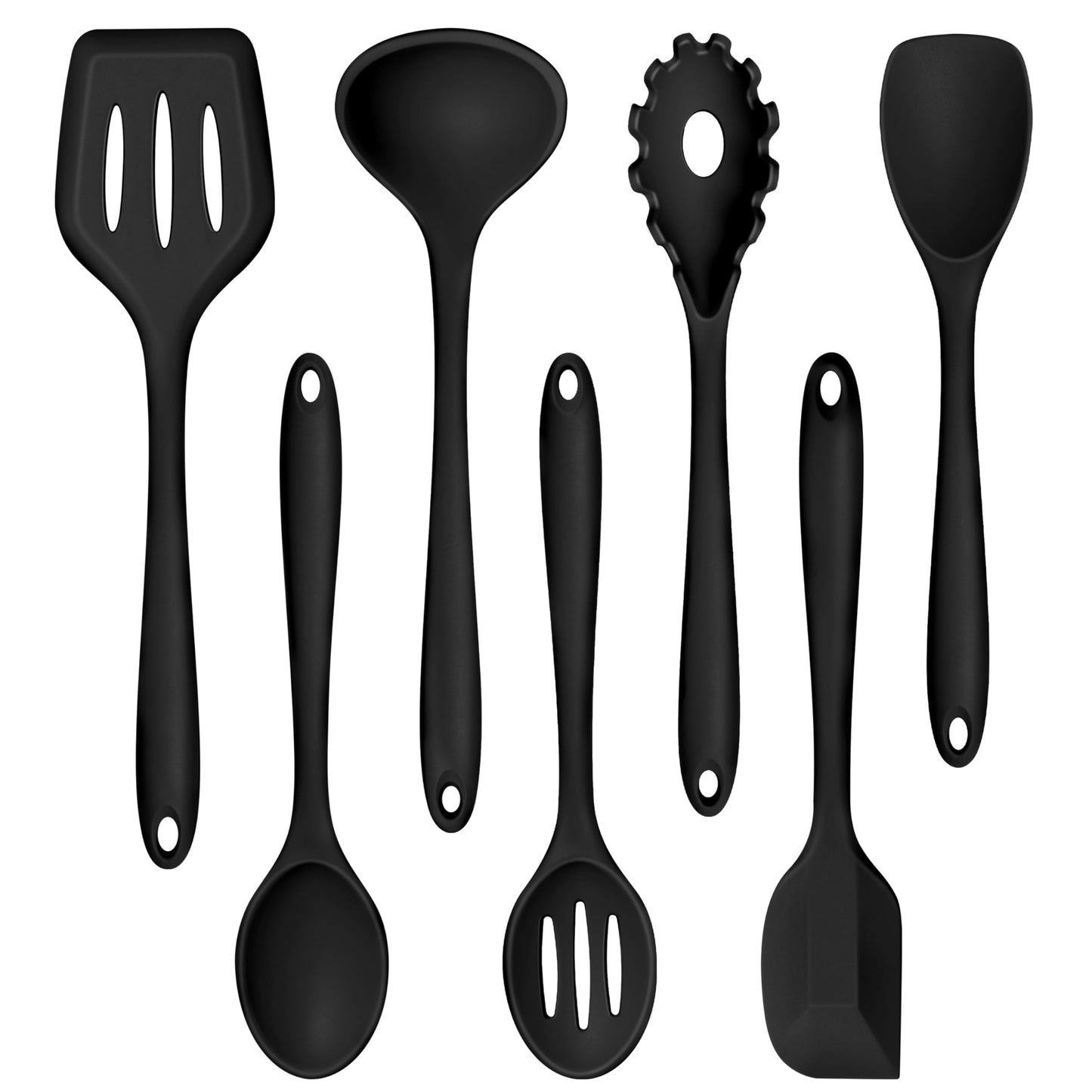 TeamFar Silicone Cooking Utensil Set of 7, Black Kitchen Nonstick Tools Turner Spoon Spatula Ladle Pasta Server for Nonstick Cookware, Healthy & One-Piece, Anti-Heat & Dishwasher Safe