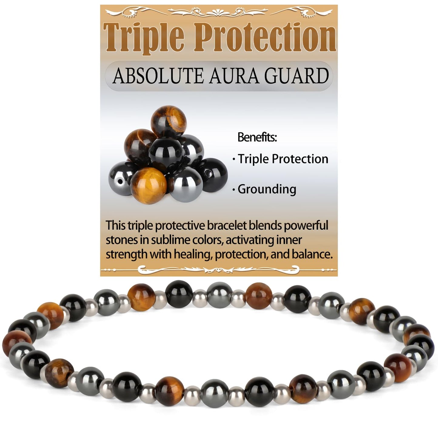 QOGIR Triple Protection - Onyx Hematite Tiger - Stainless Silver Beads Natural Gemstone Stretch Elastic Dainty Healing Beaded Bracelets Gifts 4mm