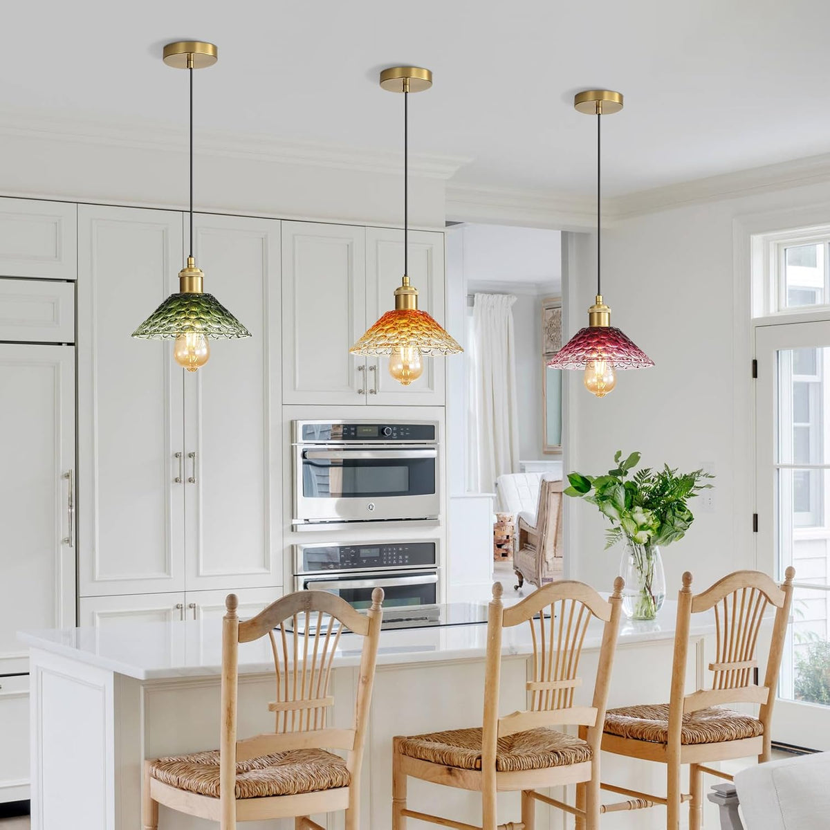 3-Pack Pendant Lights, Modern Glass Ceiling Hanging Light Fixtures,Adjustable Three Color Glass Shades Vintage Gold Chandeliers for Kitchen Island Dining Room Livingroom Entryway Farmhouse Bar
