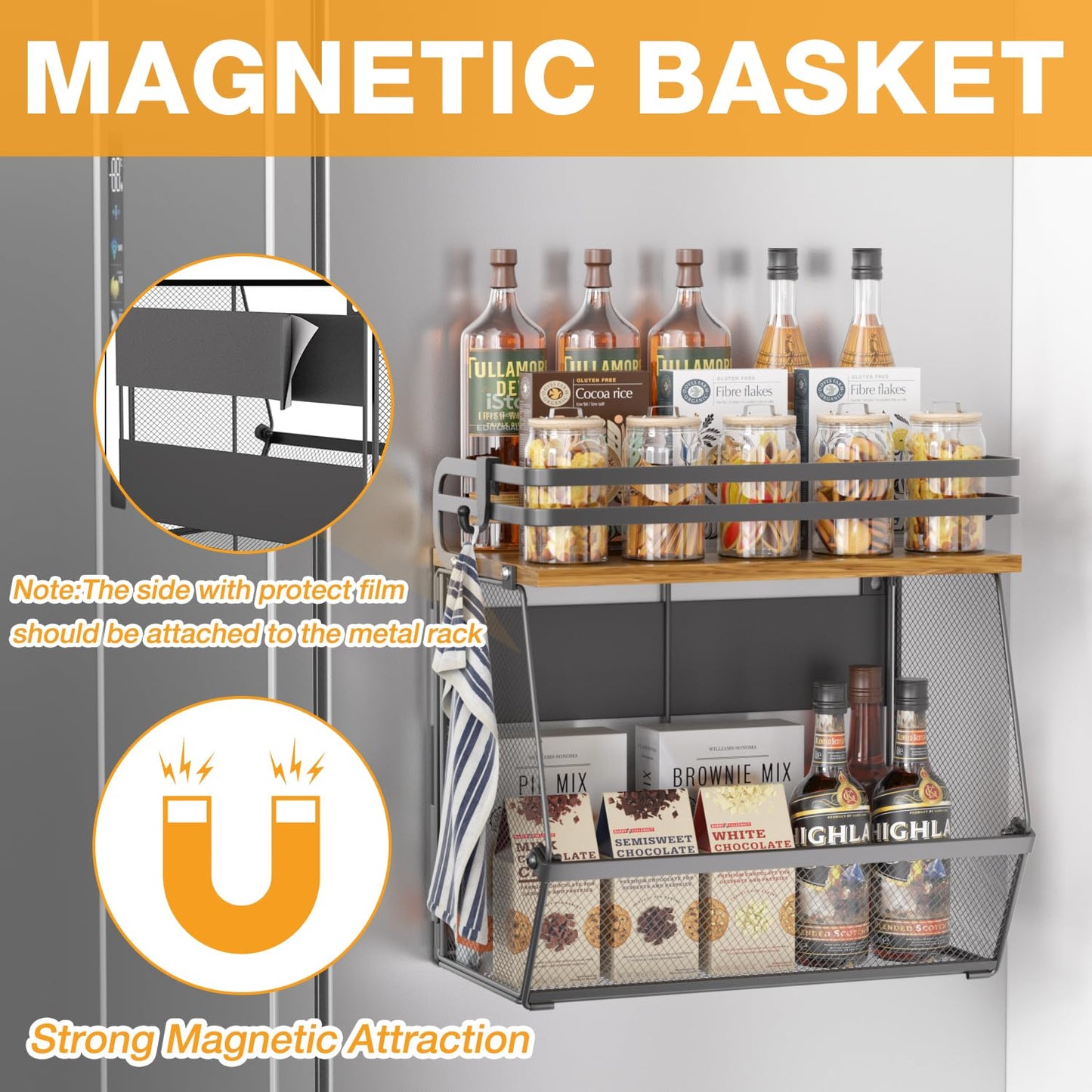 Magnetic Shelf for Fridge with Wood Lid, Large Capacity Magnetic Spice Rack for Refrigerator Kitchen Storage Bin for Fruit, Onion, Potatoes, Storage Organizer for Counter & Cabinet, Mesh Basket