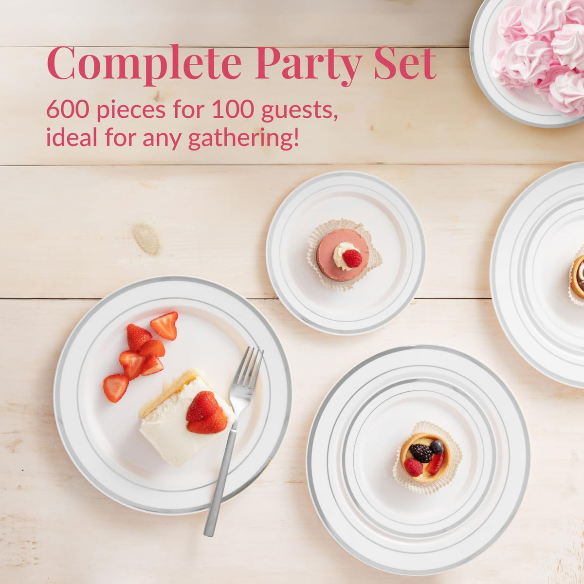 Prestee 600 Piece Dinnerware Set for 100 Guests - Elegant Disposable Silverware and Party Plates for Events - Includes Cutlery Set with 100 Dinner Plates, Salad Plate, Cups, Knives, Forks, and Spoons