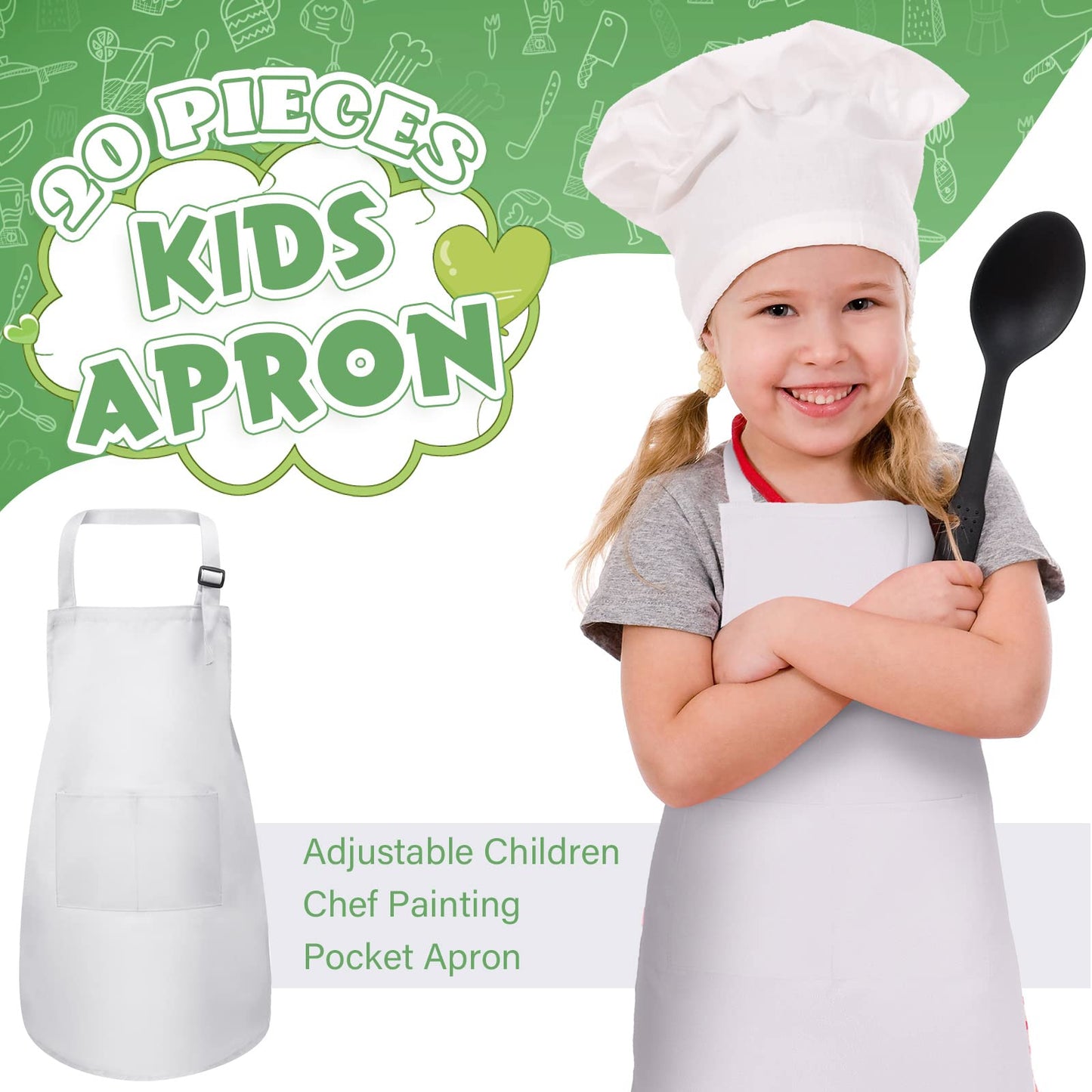 Eurzom 20 Pcs Christmas Kids Artists Aprons with Pockets Adjustable Chef Children Painting Aprons for Cooking Baking(7-13 Years,White)