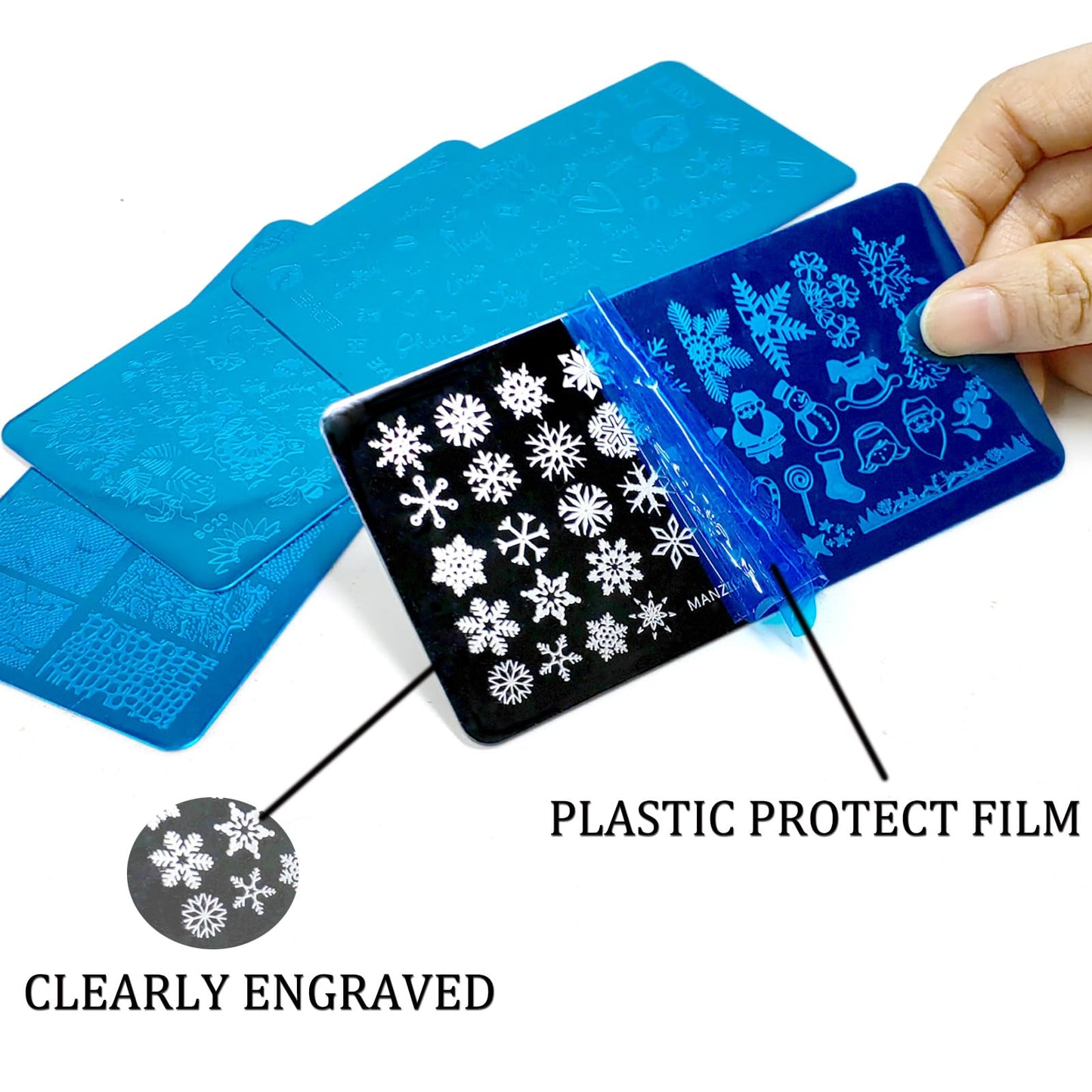 Nail Stamper Plate Kit, 4x Nail Stamping Plates +Dual-end Silicone Nail Art Stamper +Scraper, Snowflake & Spring Butterfly Flowers &Leopard Snake & Kiss Heart, DIY Design Manicure Salon Home, BlueZOO