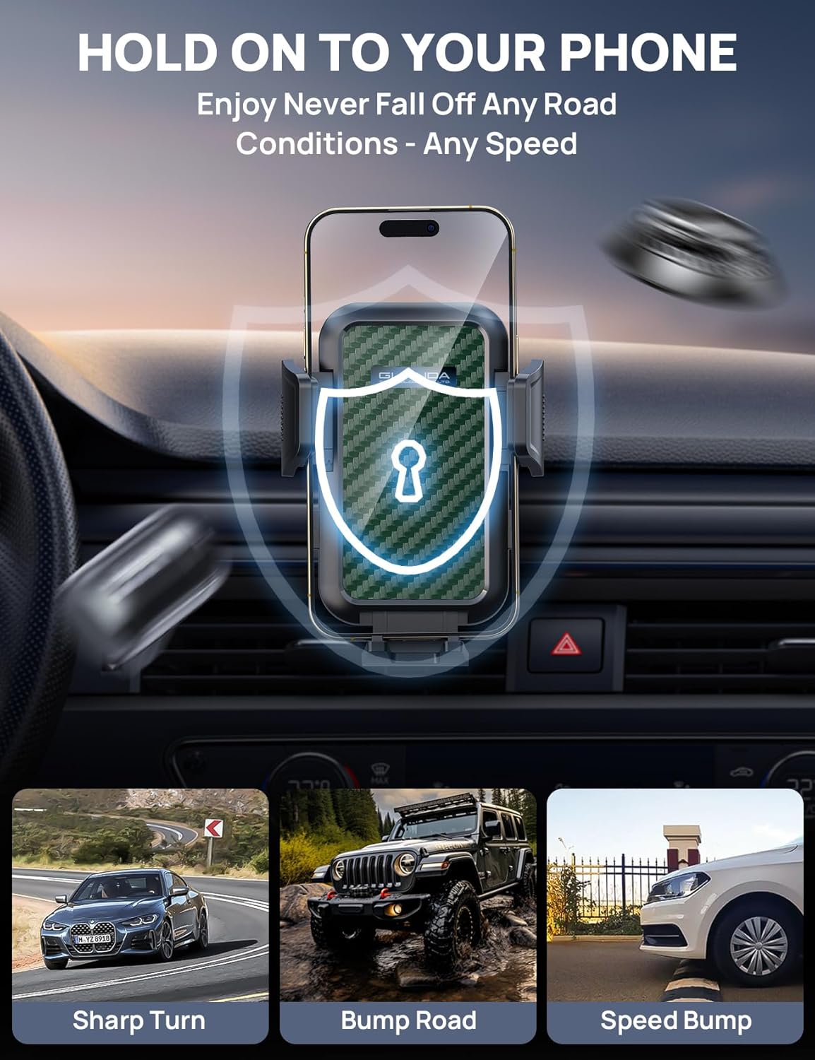 [2025 New] Dashboard Phone Holders for Your Car [Military Grade Stable] Phone Holders for Your Car, Non-Slip Silicone Carbon Fiber Car Phone Mount, Rotatable Suction Cup for All Phone, Green