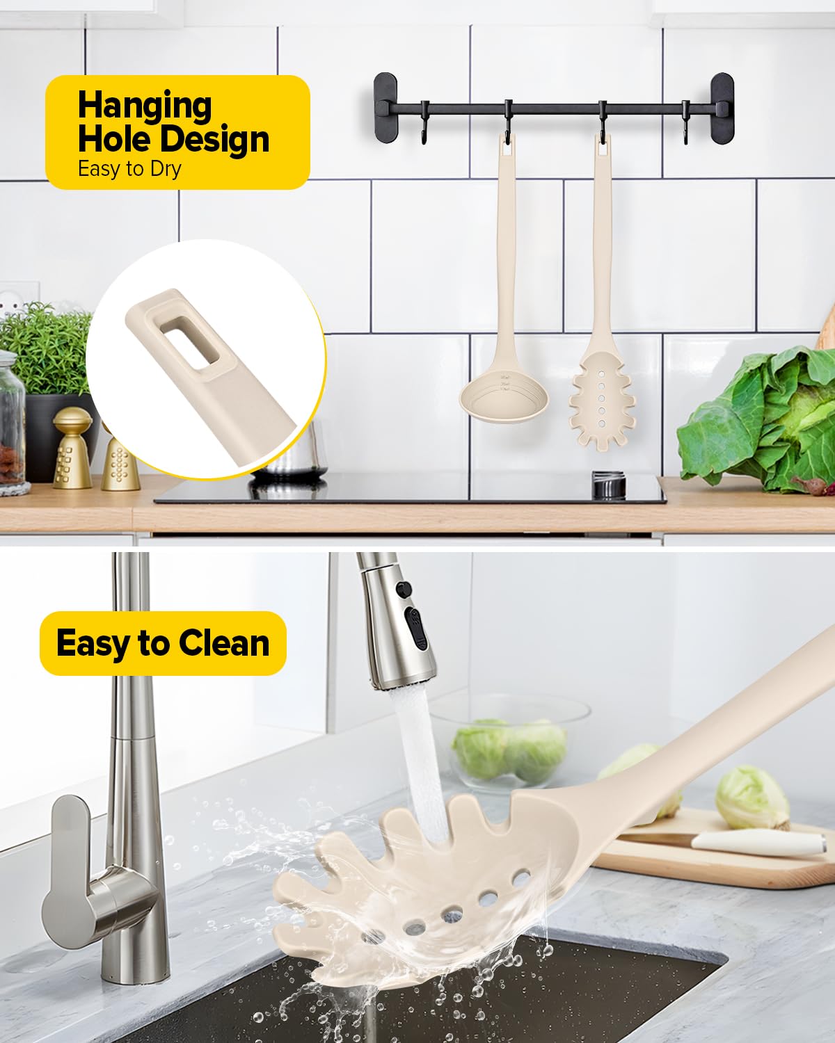 Silicone Pasta Fork and Soup Ladle Set, Heat Resistant Non Stick Kitchen Utensils with Back Hooks, Suitable for Cooking, Stirring, Serving Spaghetti, Soup, Sauce(KHAKI)