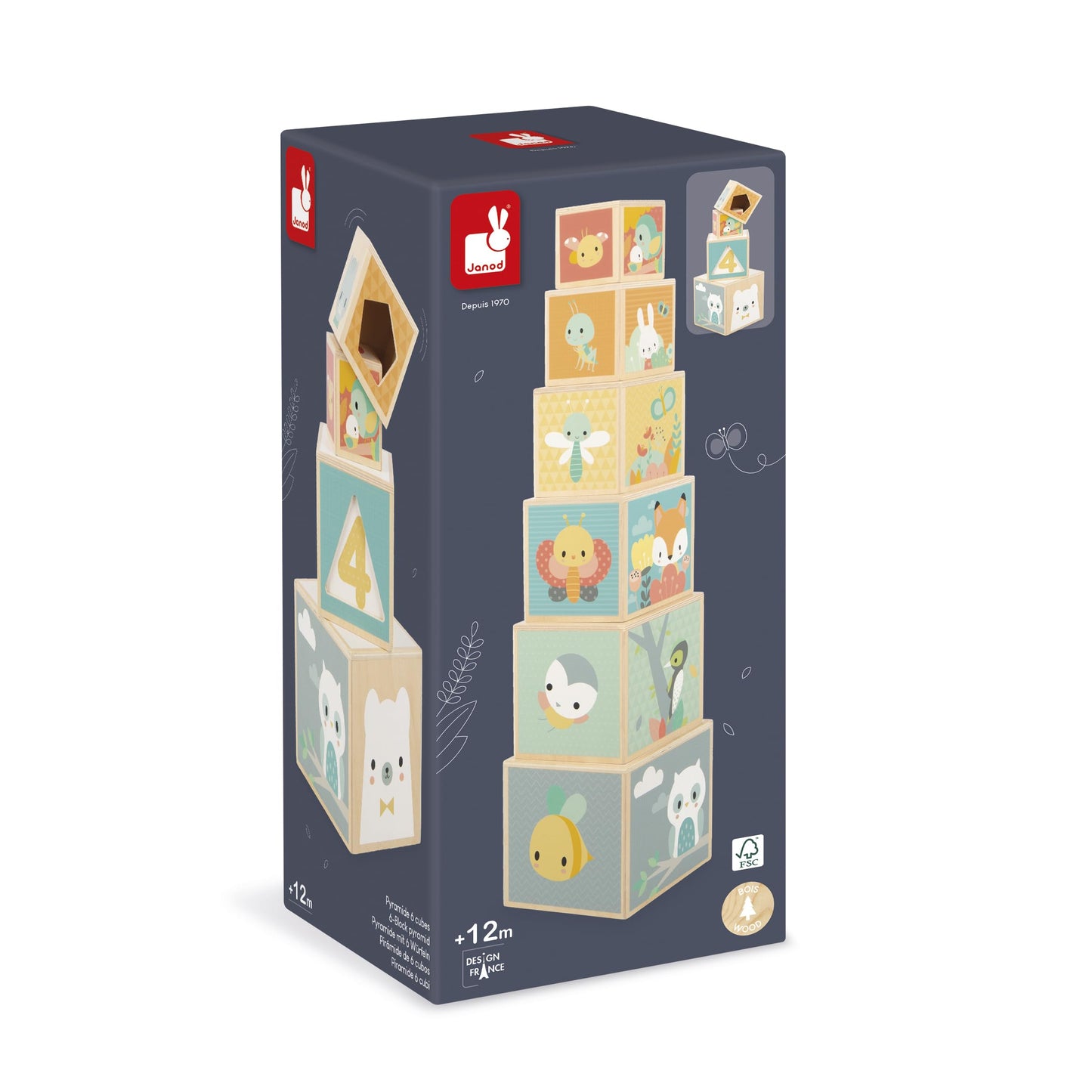 Janod J05147 First Wooden Pyramid - 6 Cubes Stacking Toy - Develops Dexterity and Imagination - Early Ages 12 Months from 12 Months, Multi-Coloured