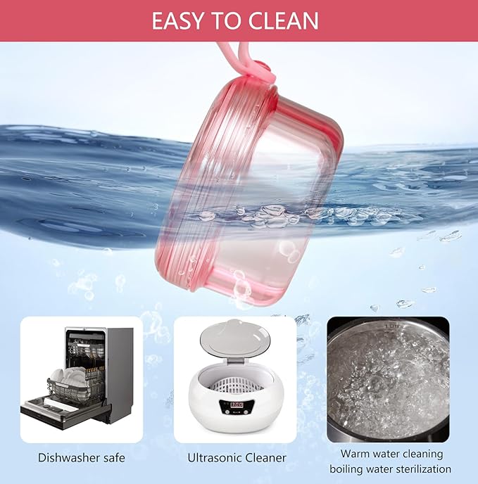 No Leak & Non-Slip Partial Denture Case Retainer Bath Box Cup, Denture Soaking Cup False Teeth Holder Box Case with Strainer Basket and Brush,Dishwasher safe - Transparent Pink