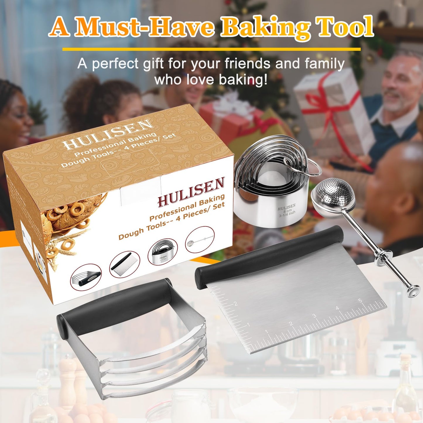 HULISEN Stainless Steel Biscuit Cutter Set, Flour Duster, Pastry Scraper and Dough Blender, Sturdy & Long-Lasting with Ergonomic Rubber Grip, Professional Baking Dough Tools, Gift Package (4 Pcs/Set)