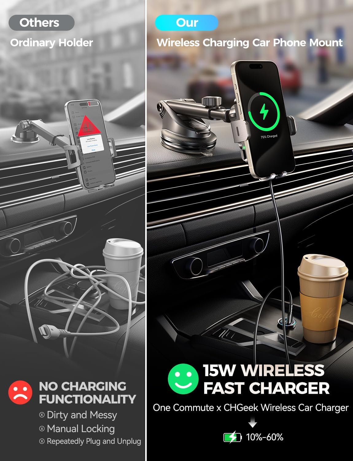 CHGeek Wireless Car Charger with Phone Holder Mount, 15W Fast Charging Auto Clamping Phone Holders for You Car Windshield Dashboard Air Vent Accessories for iPhone, Samsung Galaxy, Google, etc