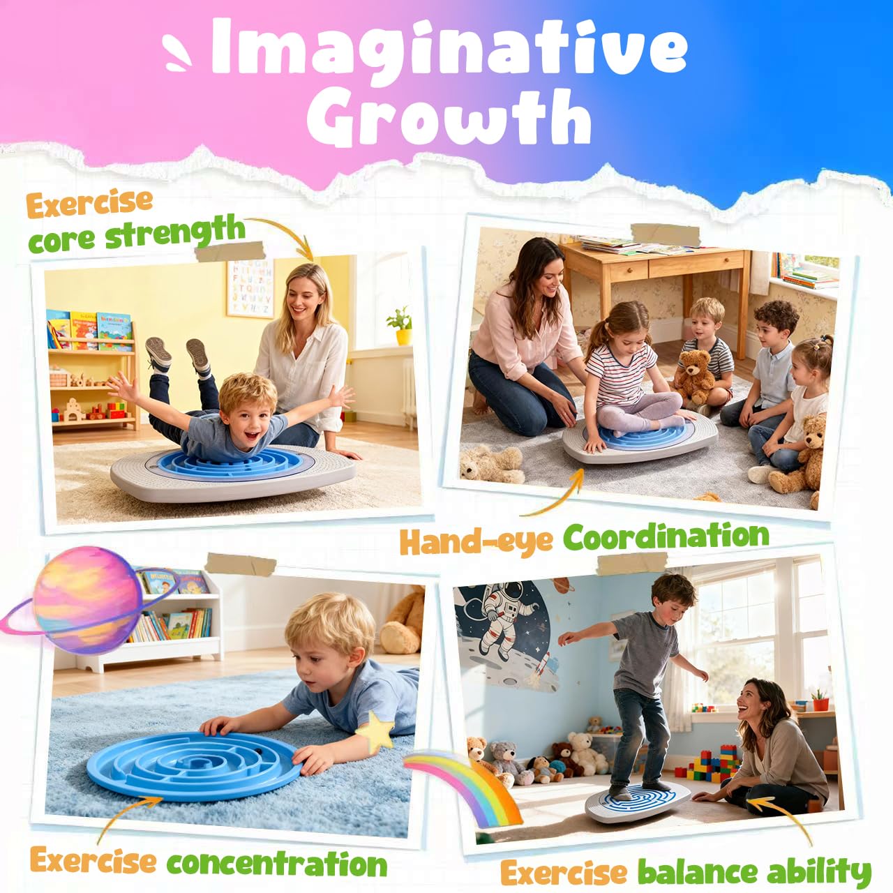 Maze Balance Board for Kids, 3 Replaceable Labyrinth Boards 140lbs Capacity - Sensory Integration & Proprioceptive Training Wobble Board for Therapy/Ski/Surf Prep