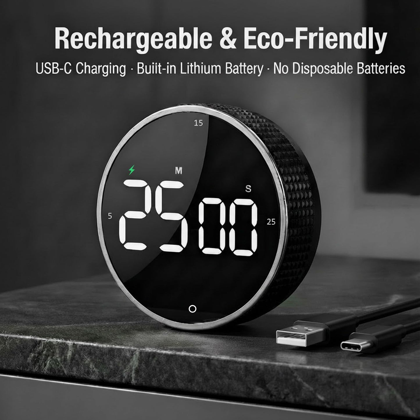 TLTWHS Rechargeable Magnetic Kitchen Timer, LED Countdown/Count-Up Timer, Supports USB-C Charging, with Loud Alarm, 3 Preset Quick Times (5/15/25m), Perfect for Kitchen Cooking, Studying, and Fitness