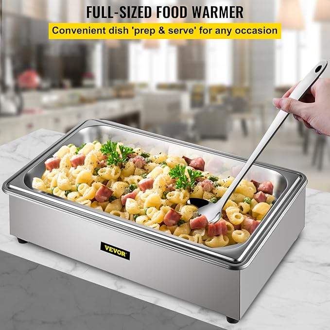 VEVOR Commercial Food Warmer, Full-Size 1 Pot Steam Table with Lid, 9.5 Quart Electric food Warmers, Grade Stainless Steel Bain Marie Buffet Equipment, Fits 21 x 13.2 Pan, 400W, for Restaurant, Sliver