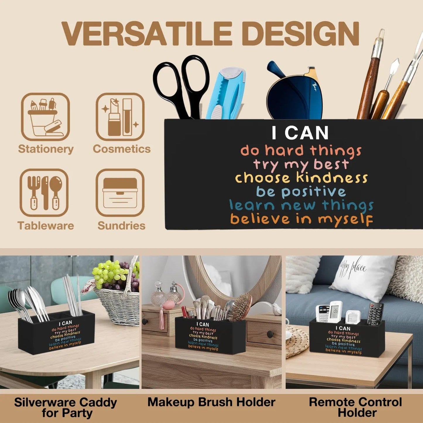 LIANGEAGOM Inspirational Pen Pencil Holder Organizer for Desk Accessories, Boho Classroom Decor, I Can Do Hard Things Motivational Wooden Box Signs Decorations for Counseling Office Desk Tabletop