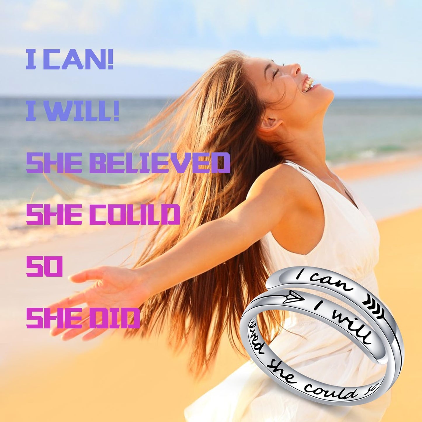 Ladytree Adjustable Inspirational Rings 925 Sterling Silver Stacking Wrap Spiral Twist Statement Band Encouragement Ring for Women Men(She believed she could so she did,I can I will)