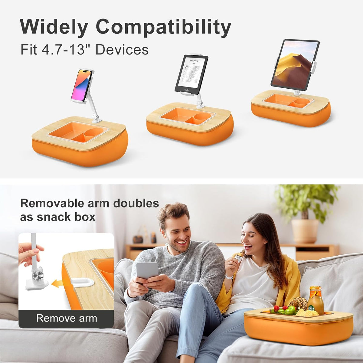Lap Beanbag Tablet Pillow Stand with Snack Bowl and 360° Rotating Arm, Adjustable iPad Holder for Bed, Couch, and Recliner, Compatible with 4.7"-13" Kindle, iPad, Tablet, Phone,Orange