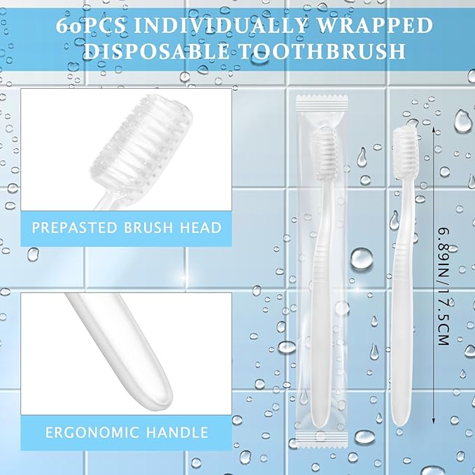 Tioncy 60 Pack Prepasted Disposable Toothbrushes Individual Wrapped Toothbrushes Soft Bristle Travel Toothbrush Single Use Wrapped for Hotel, Camp, Travel and Gift for The Homeless (White)
