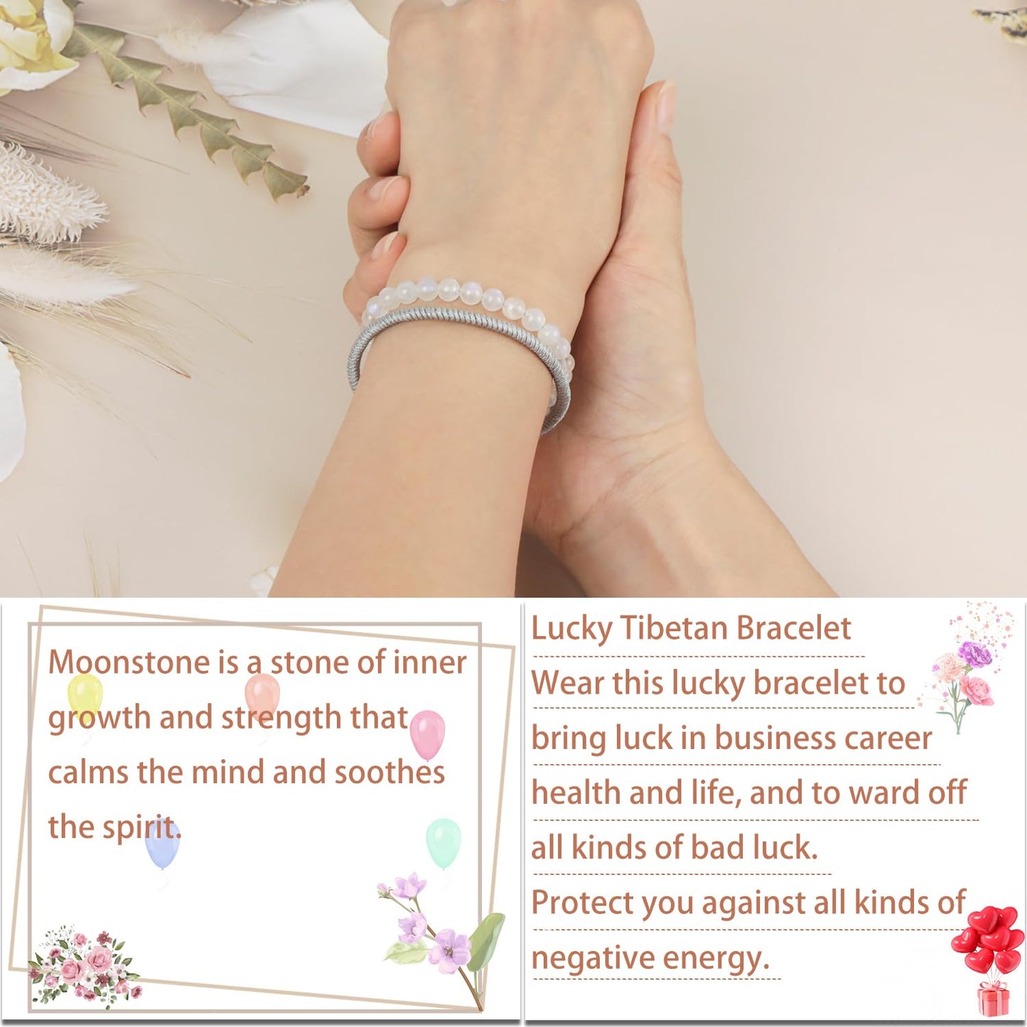 LPBeads 6mm White MoonStone Bracelet with Handmade Rope Bracelet Size Adjustable Natural Stone Crystal Healing Bracelets Gifts for Unisex Adults