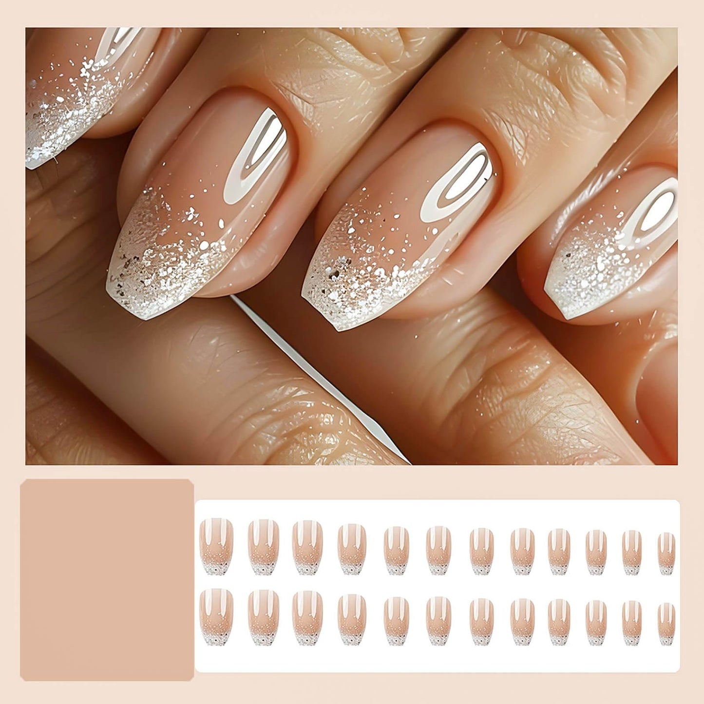 RUOKEXIN Coffin Press On Nails Medium Ballet Shaped White Ombre False Glue-on Nails - 24pcs with Glitter Designs