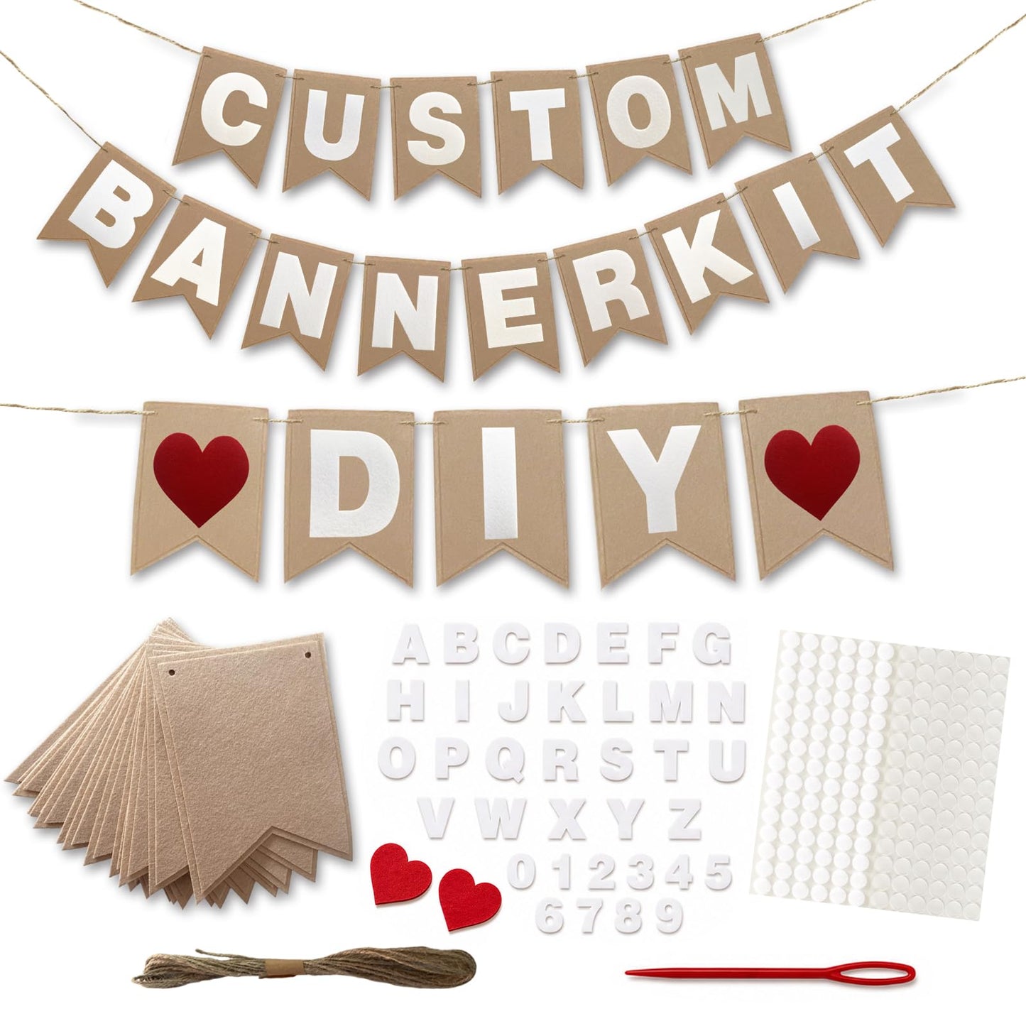 DIY Felt Banner Kit for Custom Messages, Reusable Customizable Party Banner with Detachable Letters, 28 Pennants, Hook & Loop Dots & Jute Rope for Birthday, Graduation, Baby Shower
