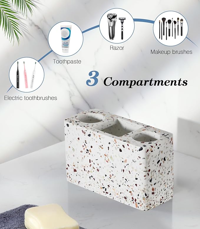 Luxspire Electric Toothbrush Holder, 3 Slots Large Toothbrush Toothpaste Stand, Resin Storage for Bathroom Accessories Vanity Counter Sink Organizer Caddy, Terrazzo