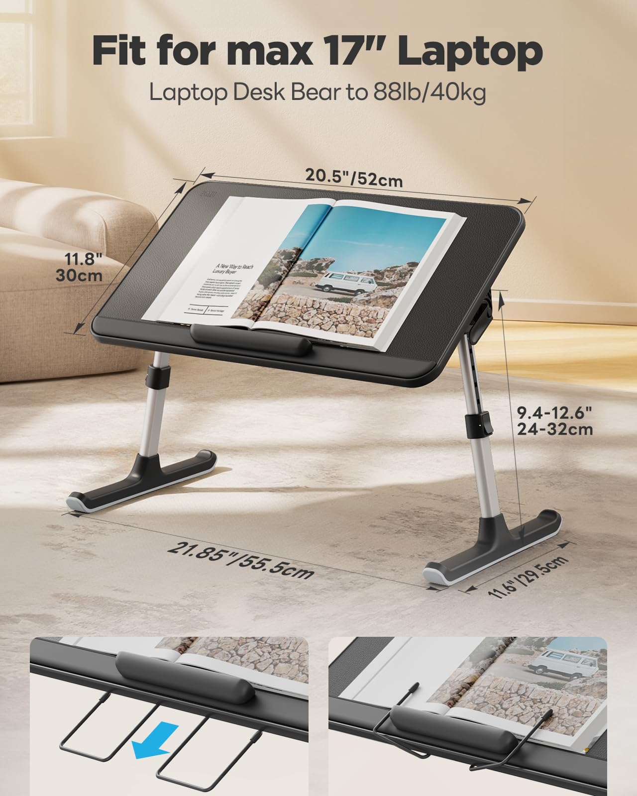 SAIJI Book Stand for Reading Hands Free with Page Paper Clips in Bed,Laptop Desk Table, Portable Lightweight Lap Desk Tray for Writing Eating Breakfast on Couch Sofa Floor (20.5"x11.8",Black)