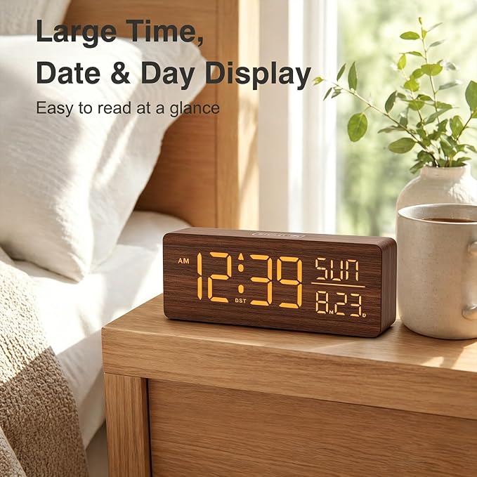 Peakeep Wooden Digital Alarm Clock Large Display, Textured Decoration