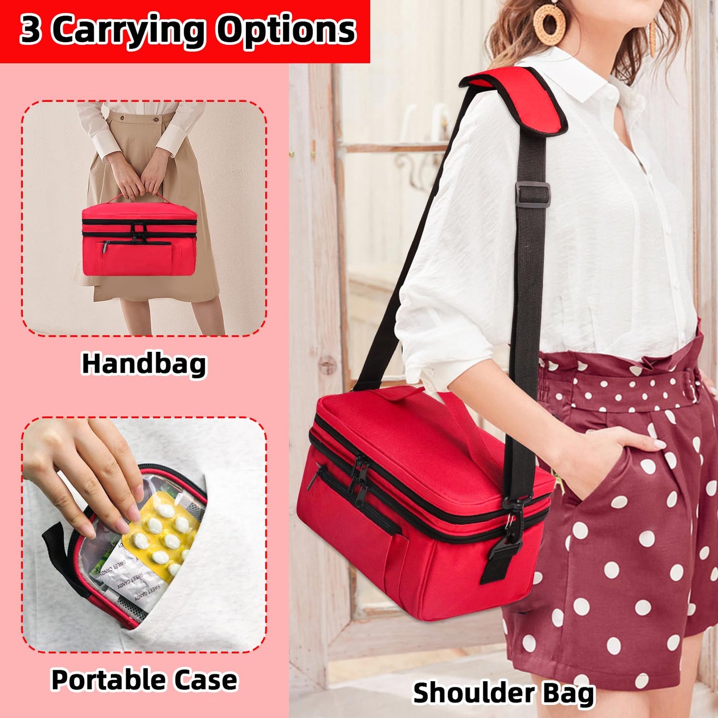 Tesuko Medicine Bag for Traveling with Portable Small Pouch, Double Layer Pill Bottle Organizer Storage Case with Lockable Zippers, Carrying Medication Travel Case with Shoulder Strap (Bag ONLY), Red