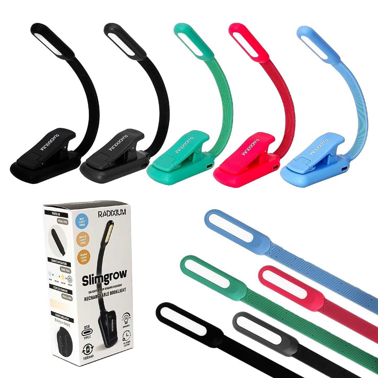 RADIXIUM Rechargeable Book Light for Reading - 9LED Eye-Caring Clip Light w/ 9 Color Temp, Stepless Dimming, 50H Battery, USB-C, Ultra Slim - Gift for Book Lovers (Black)