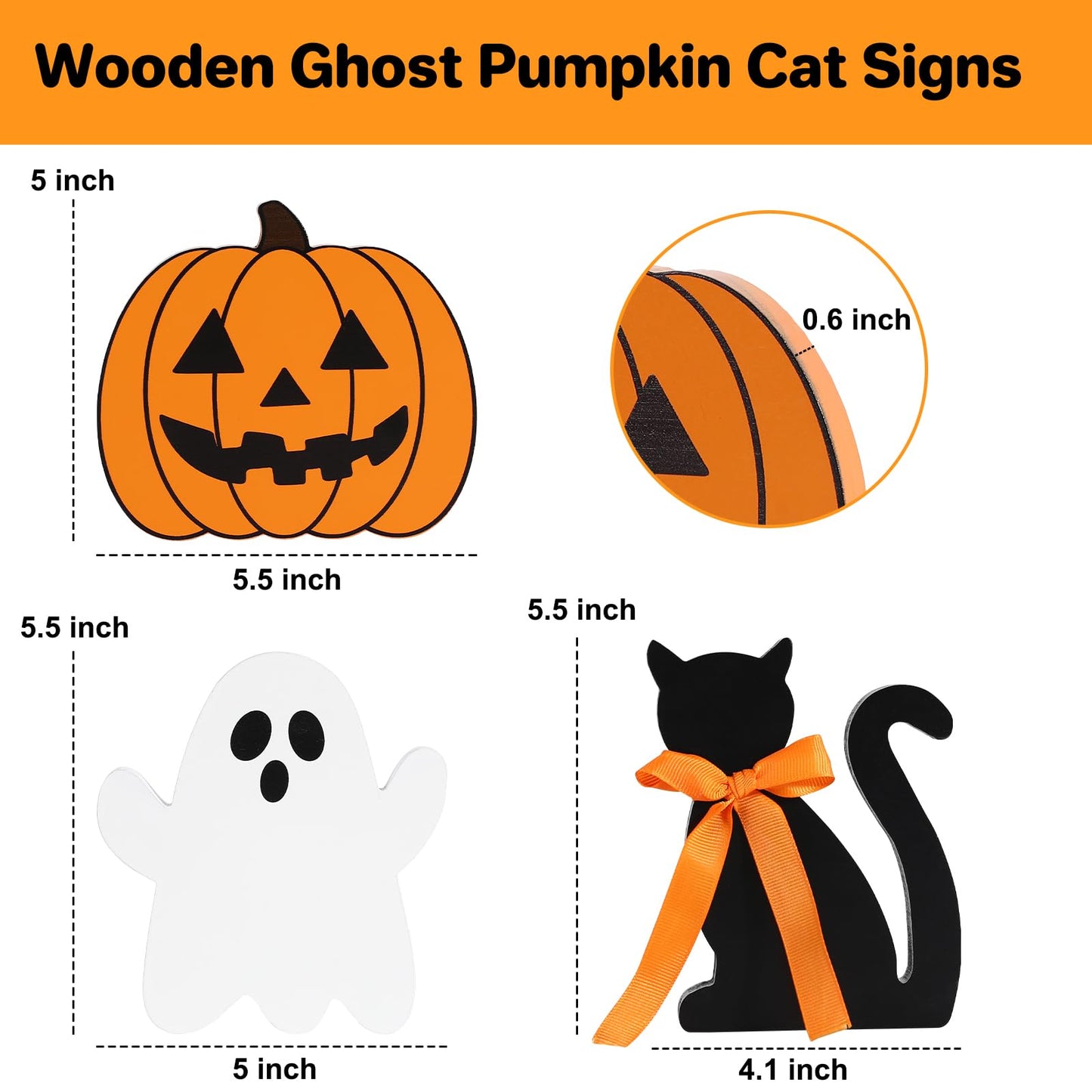 Halloween Decorations-Wooden Ghost Pumpkin Cat Blocks Signs-Cute Freestanding Table Signs for Rustic Farmhouse Home Mantle Decor