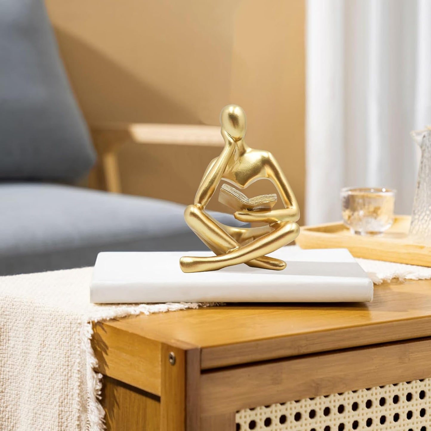 Chiorgone Golden Abstract Thinker Reading Sculpture - Resin Desktop Statue for Home Office Decor & Intellectual Gift (Contemplative Right Pose)