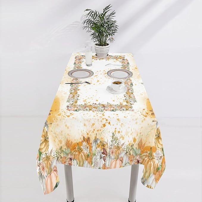 YCness Fall Tablecloth Thanksgiving Autumn Harvest Orange Watercolor Pumpkin Leaves Table Cover for Party Picnic Dinner Decor 60x90 Inch Rectangle