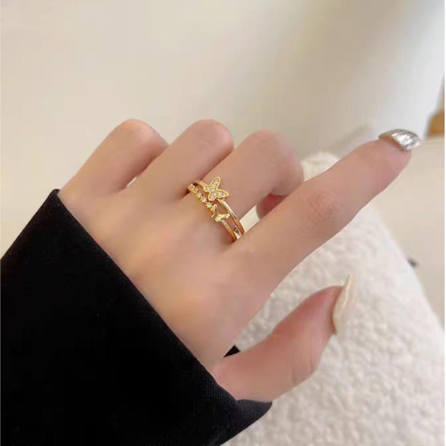 JONAYUOV 18k Gold Plated Adjustable Butterfly Ring Cubic Zirconia Simulated Diamond Ring for Women (Gold F)