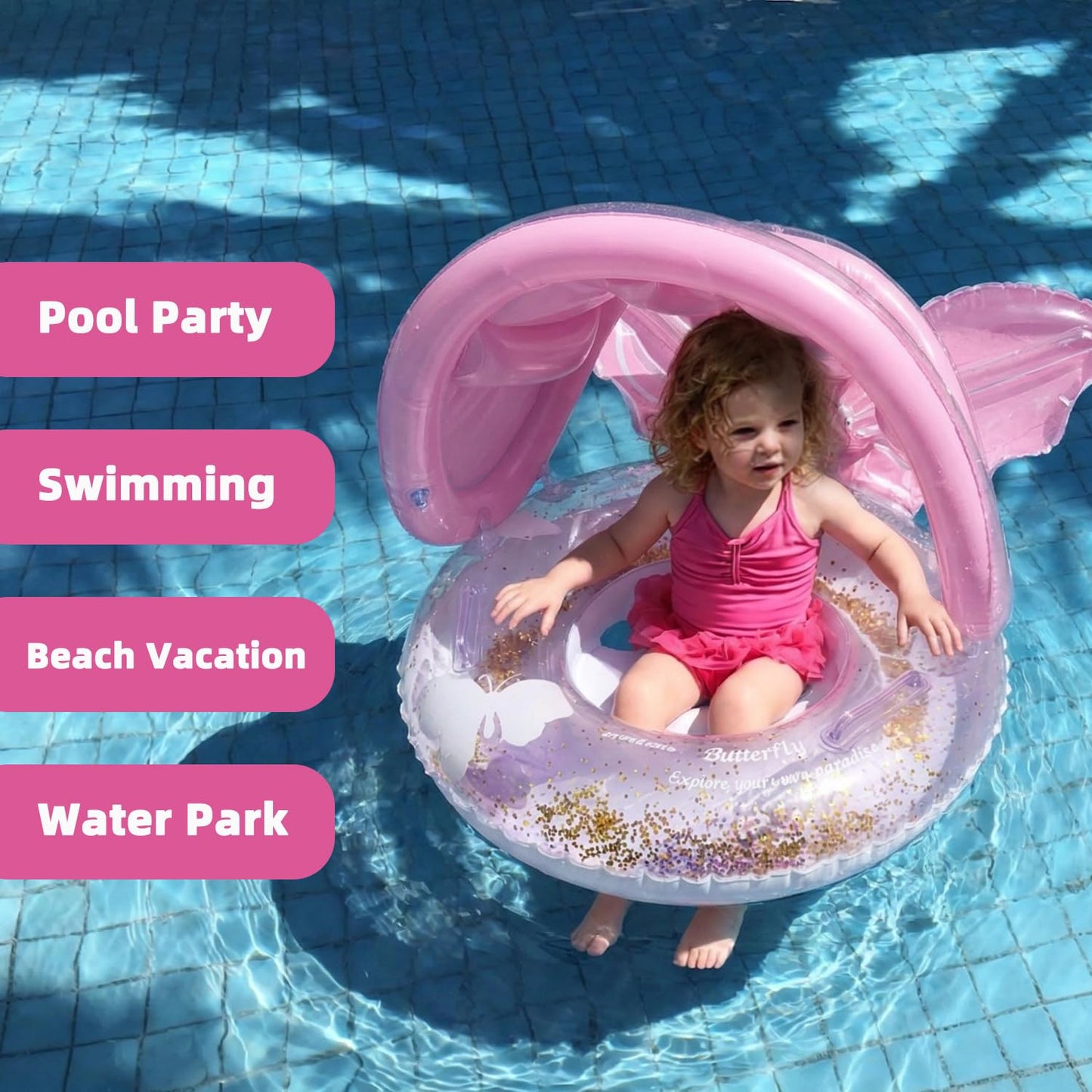 Pool Floats Kids, Inflatable Baby Toddler Swim Ring with Gold Glitter Butterfly Back Support, Ages 6+ Months Under 50 lb, Cute Summer Pool Floaties, Baby Beach Essentials, Dreamy Butterfly Design