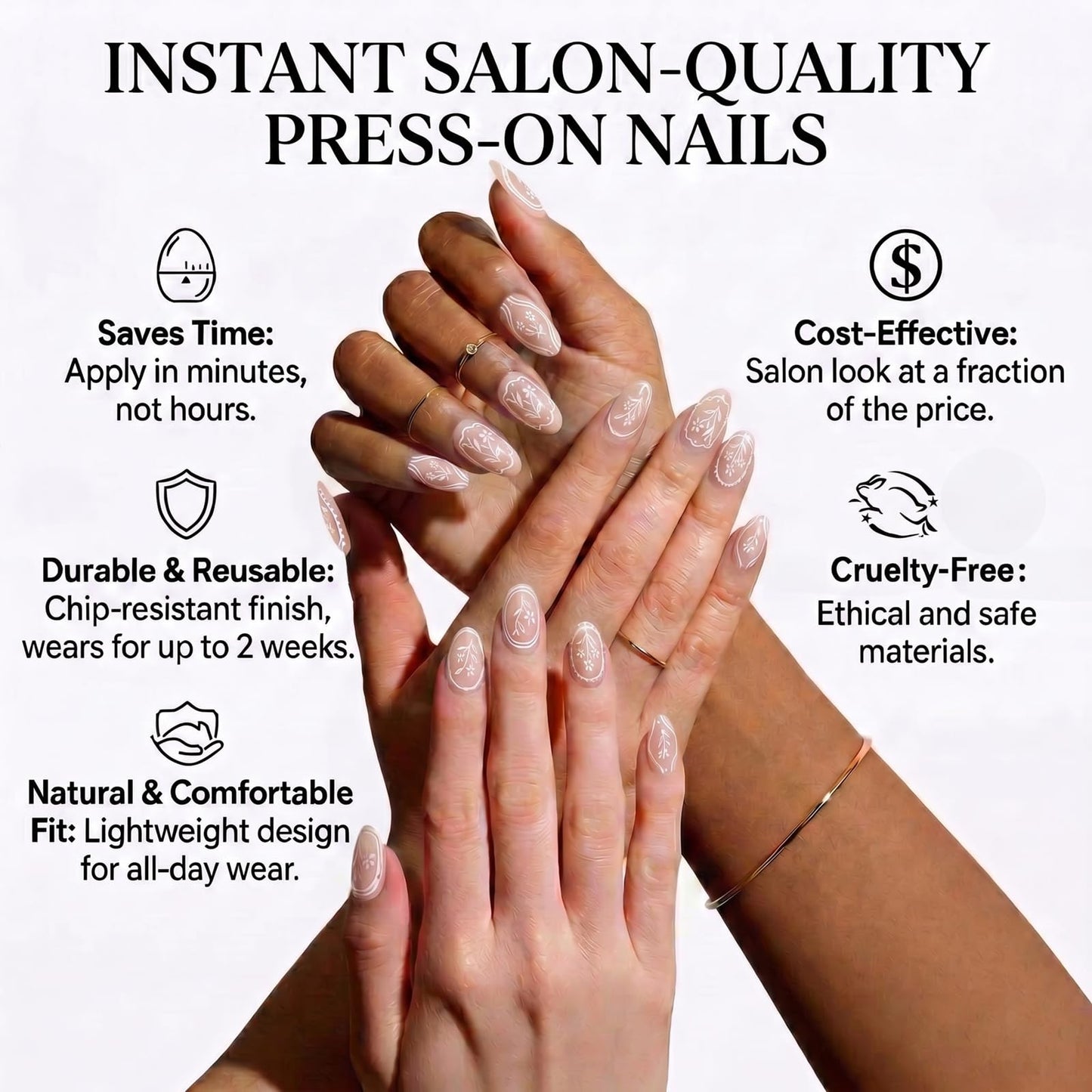 IMSOHOT Oval Press on Nails, Short Fake Nails, White Hand Painted Flower Frame Design, 24 Pcs Reusable Glue on Nails for Women