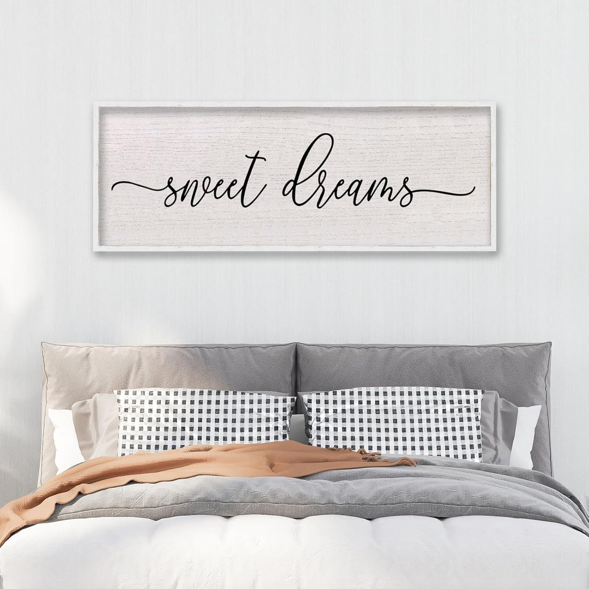 LuZhiQiang Sweet Dreams Wall Decor Sign 40"X15" Master Bedroom Over Bed Wall Wood Framed Art (White)