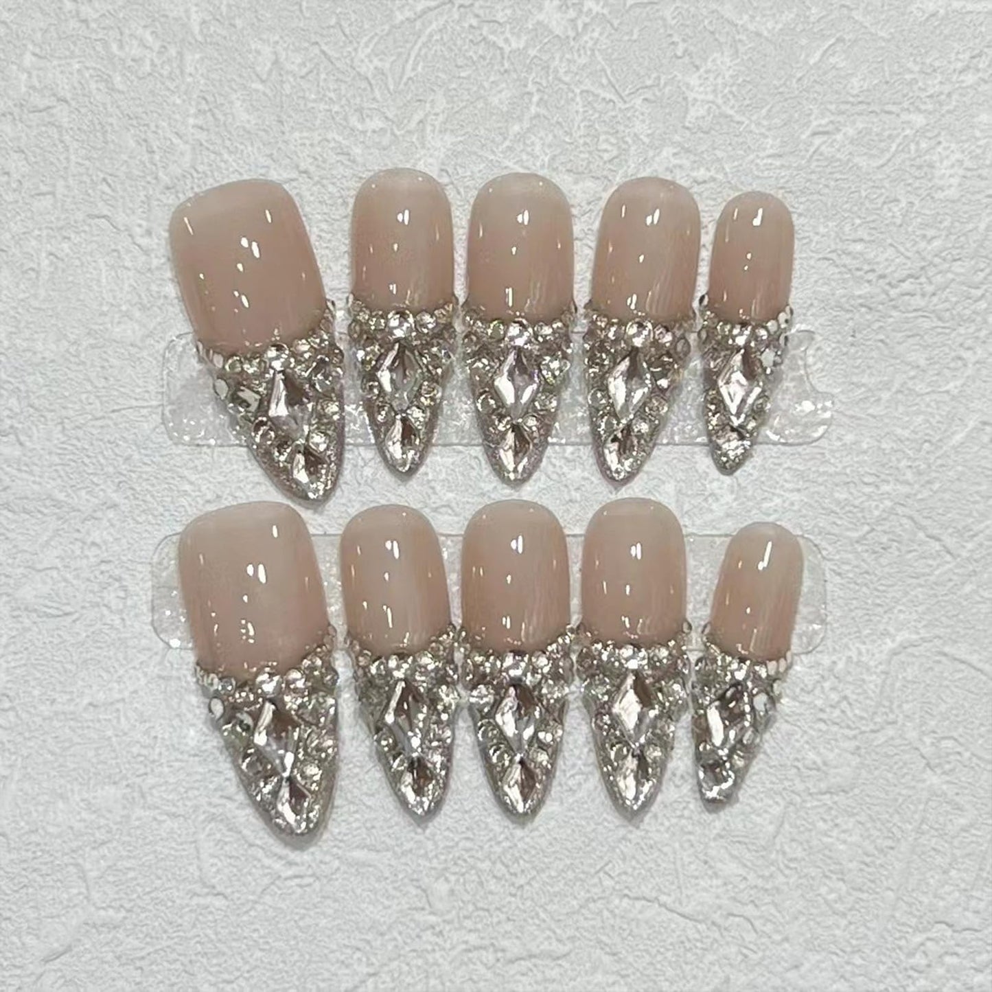 SINHOT Luxury Press on Nails - Medium Almond Fake Nails, Glossy Finish, French Tip & 3D Rhinestones, DIY Artificial False Nail Art - 24 Pcs Nail Kit with Glue