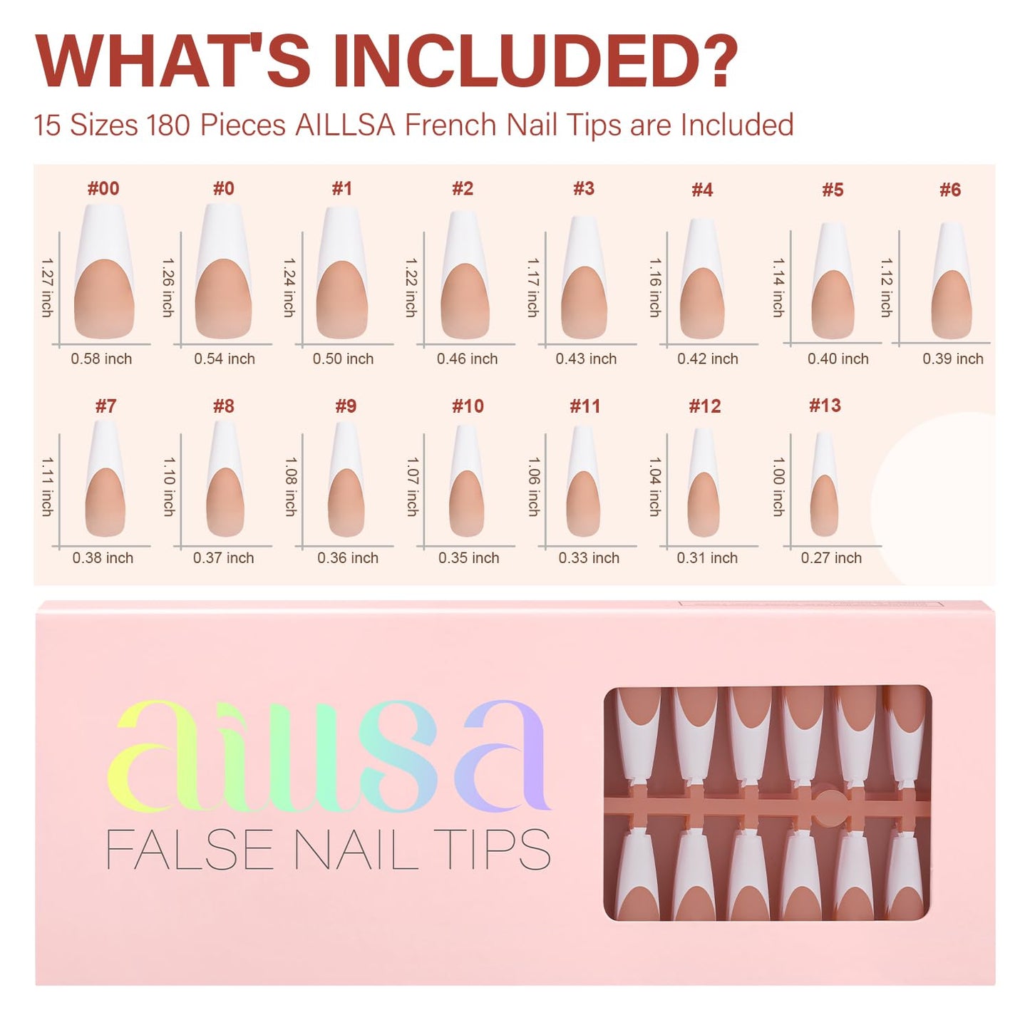 AILLSA French Gel Nail Tips, 180 Pcs French Tip Press On Nails Long Coffin Brown, Pre-Applied Primer & Base Coat, No Need File, Soft Nail Tips, Fake Nails for Nail Art DIY 15 Sizes