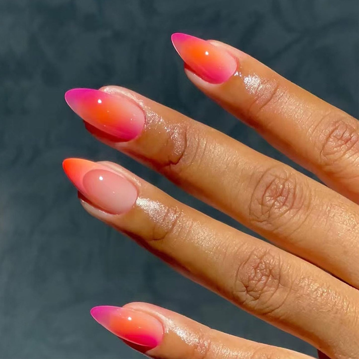 IMRAIN Press on Nails Medium Almond Fake Nails Orange Pink Ombre French Tips False Nails Gradient Glossy Full Cover Oval Stick on Artificial Nails