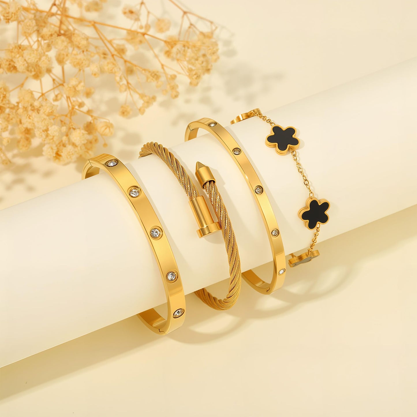 ISELBDR 18K Gold Bracelets for Women - Stackable Clover & Nail Love Bangle Set - Non-Tarnish Stainless Steel Jewelry for Valentine's, Mother's Day & Christmas (Black)
