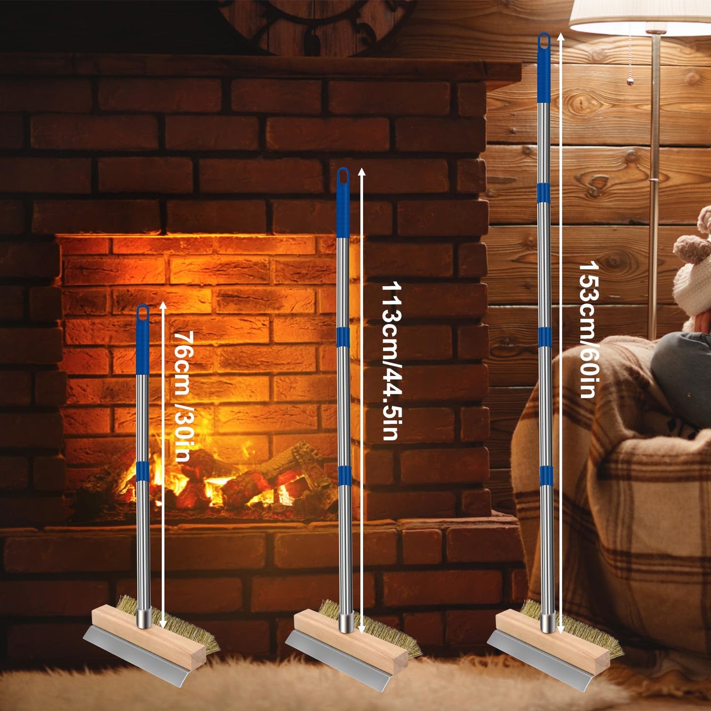 Pizza Oven Brush with Scraper and 4 Sections Detachable Long Rod and Scraper-Oven Brush for Removing Deep Burned-On Residue | Ideal for Pizza Shelf & Large Grills and Pizza Oven Accessories