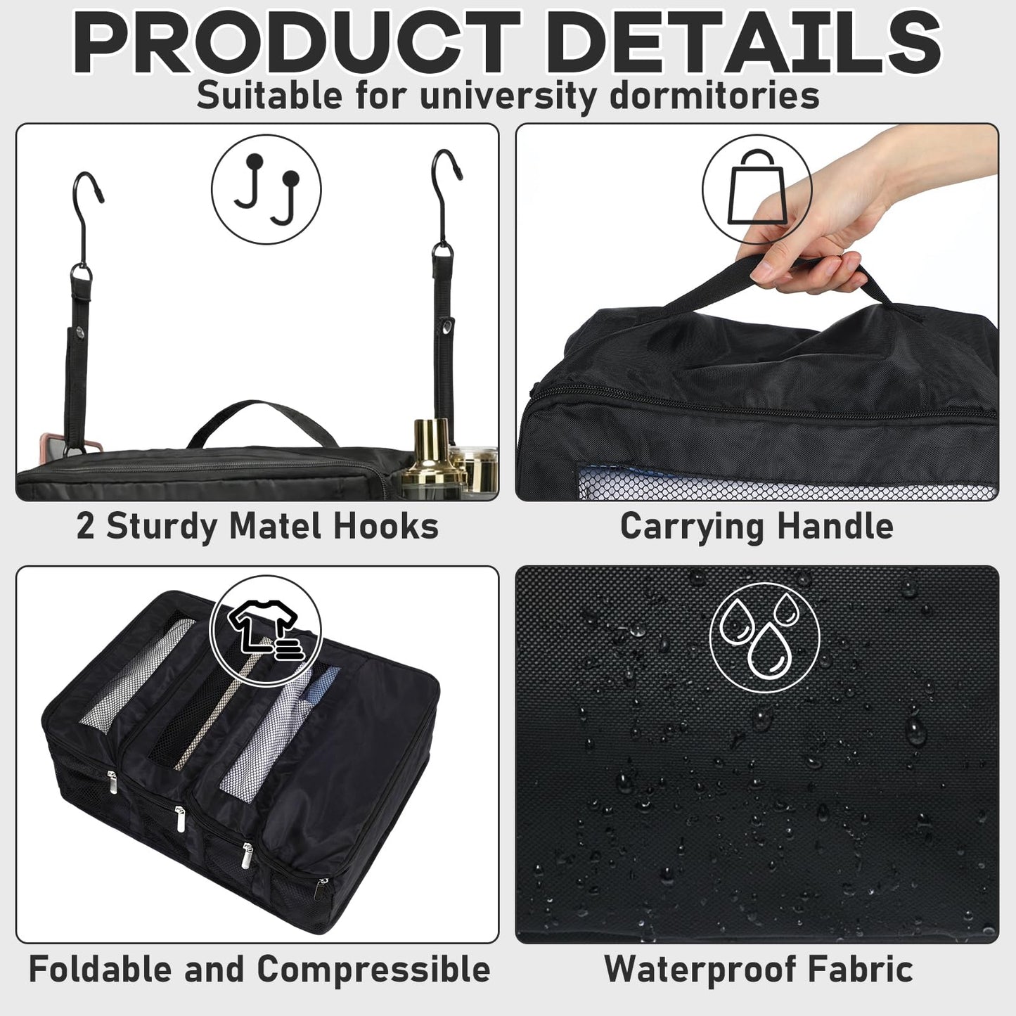 Klyyo Clyro Back to School Hanging Suitcase Organizer Black 4 Layer Dorm Room Clothes Storage Bag with Adjustable Hook Pack Hang Travel Organizer for College Dorms Summer Camp Closet