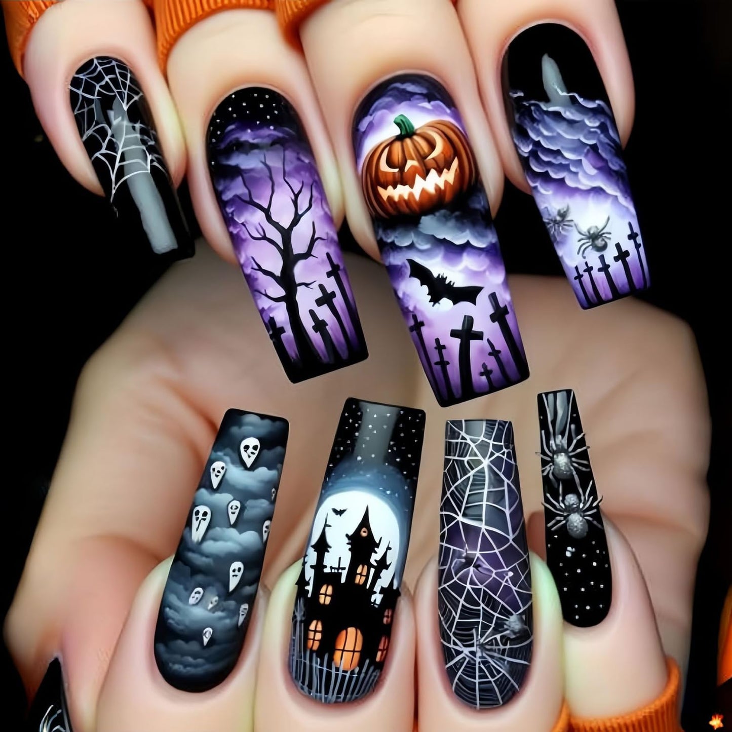 Halloween Press on Nails Long Ballet Shaped Bat Spider Web False Nails Full Cover Artificial Acrylic Fingernails Ghost Pumpkin Design Halloween Nail Glossy Festivla Glue on Nails for Women Supplies
