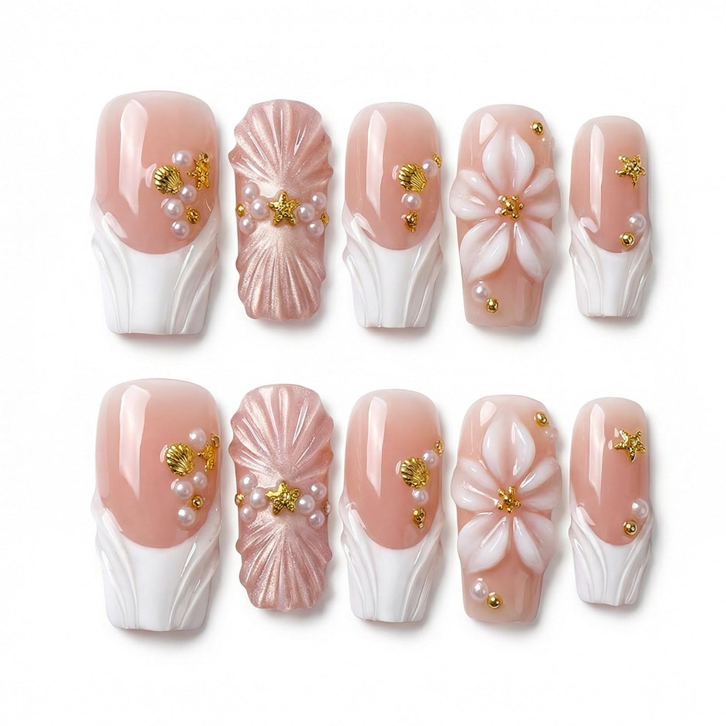 Luxury Handmade Press On Nails Medium Square 3D Flower Shell Pearl White French Tip Nude Pink Nails for Women Wedding & Party 10Pcs (Size M)